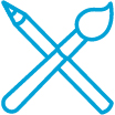 blue and white crossed pencil and paintbrush logo