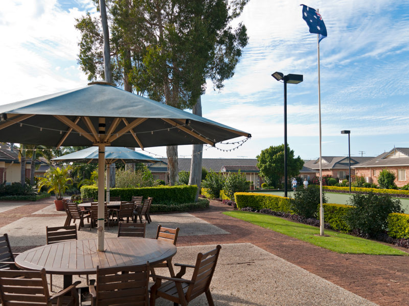 RetireAustralia Wellington Manor Retirement Village Birkdale Brisbane Queensland outdoors gazebo terrace lawn bowls green trees gardens